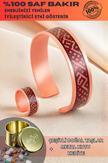 OSMANLI GÜMÜŞ Women's Copper Bracelet Ring Set - Eva Model Special Edition Metal Box and Quartz Stone