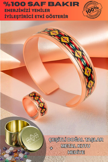 OSMANLI GÜMÜŞ Women's Copper Bracelet Ring Set - Daria Model Special Edition Metal Box and Quartz Stone