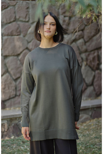 Fatma Atasoy Khaki Basic Mercerized Knitwear Sweater with Gold Buttons