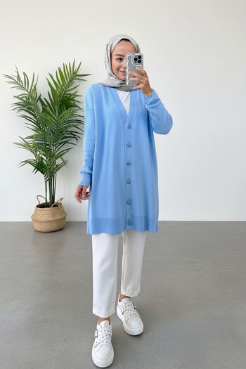 Ka Hijab Baby Blue Button Ribbed Mercerized Hijab Cardigan