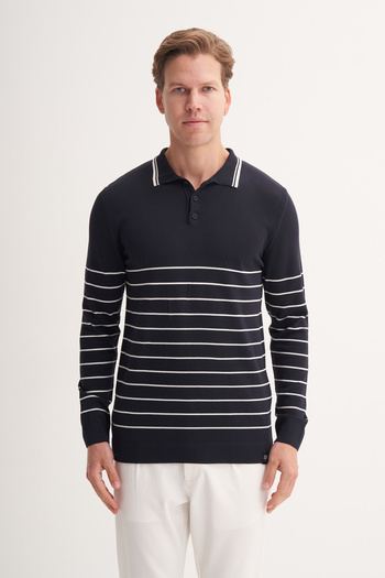 Cazador Slim Fit Viscose Textured Basic Stripe Detailed Polo Neck Sweater
