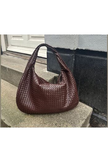 Mercan Stores Women's Brown Knit Patterned Large Faux Leather Women's Large Size Shoulder Bag