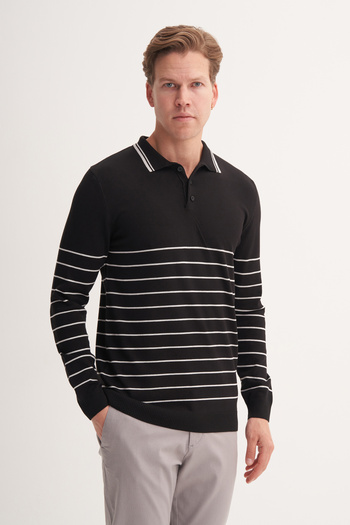 Cazador Slim Fit Viscose Textured Basic Stripe Detailed Polo Neck Sweater