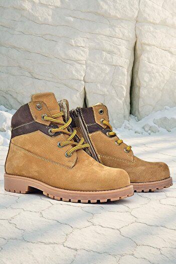 Rakerplus Genuine Leather Tan Brown Lace-Up Zippered Winter Children's Boots