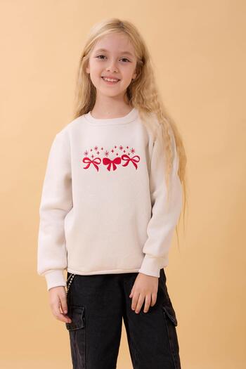 Perendi Girl's Crew Neck Bow Embroidered Sweatshirt Stone