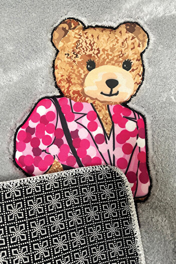 Chilai Home Boss Bear Gri Tekli Nakışlı Banyo Paspası ,Kaymaz Tabanlı 60x100cm