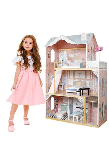 indiggo Casuta De Papusi Din Lemn, Modern Villa, 3 Niveluri, 4 Camere, Scara,lift, Inaltime 121cm, Pink/blue