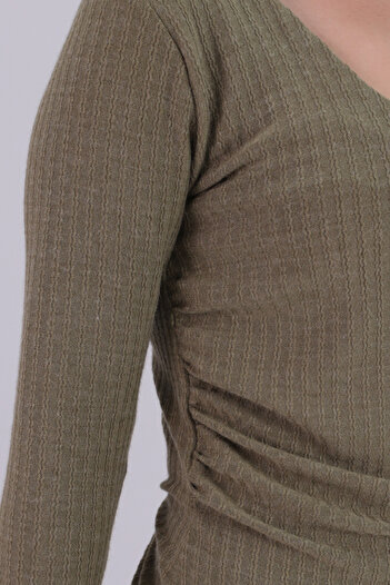 armonika Women's Khaki V-Neck Long Sleeve Gathered Front Soft Textured Lycra Blouse Arm-26K001014