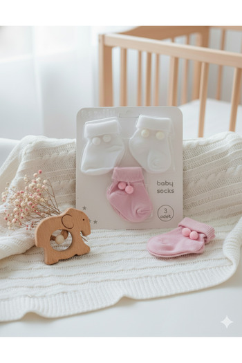 Akface 3 Pairs of Pompom Gift Baby Girl Socks 0-6 Months