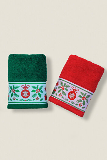Ellaline 2-Piece Christmas Towel 100% Cotton Christmas Concept Hand, Face and Kitchen Towel Green Red 50X90Cm