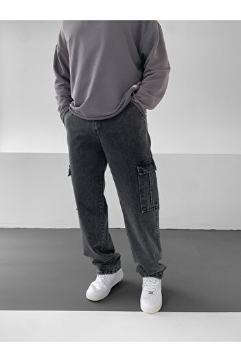 NO1 KONSEPT Παντελόνι Gabardine Oversize Anthracite με τσέπες Cargo