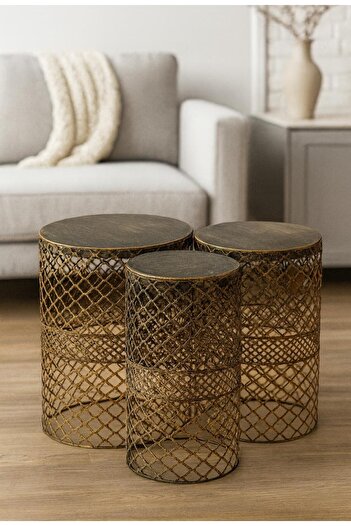 VENON Home Metal Modern Sehpa 3.lü Takım (25,30 VE 35 CM ÇAPLARINDA) Siyah Sarı Patine Orta Zigon Sehpa