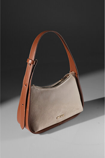 Rimense Women's Beige Suede Tan Faux Leather Hand and Shoulder Bag