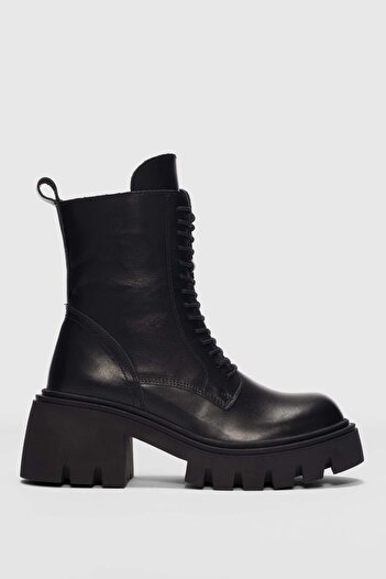 selinshoes Ravnor Genuine Leather Lace-Up Side Zipper Women's Boots - Black