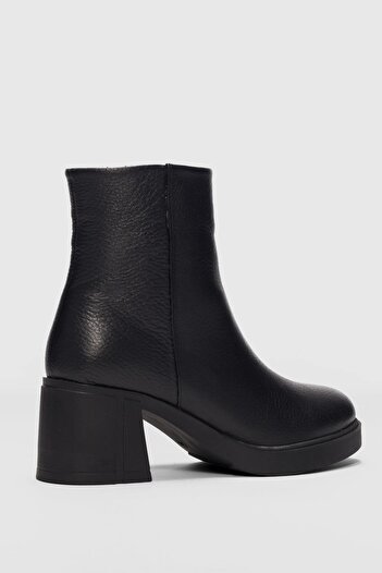 selinshoes Owena Genuine Leather Round Toe Zippered Thick Heeled Women's Shoes - Black