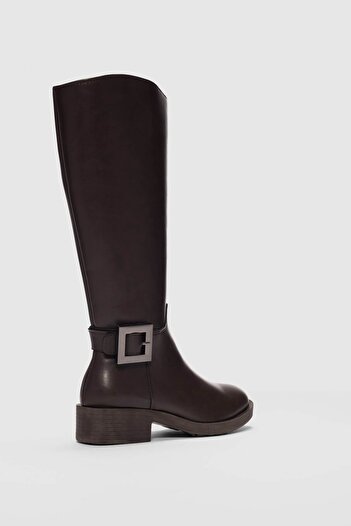 selinshoes Barny Yan Square Buckle Detailed Women's Boots-Brown