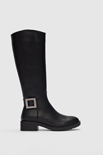 selinshoes Barny Yan Square Buckle Detailed Women's Boots-Black