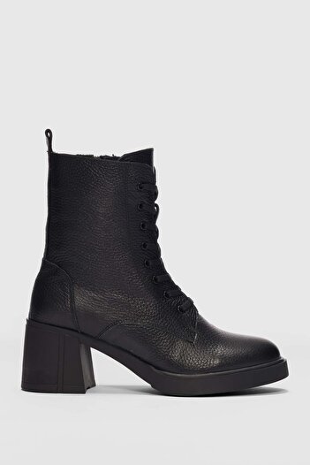 selinshoes Alin Genuine Leather Lace Detailed Women's Boots-Black