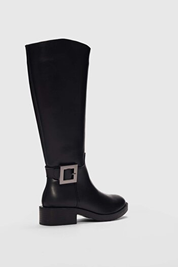 selinshoes Barny Yan Square Buckle Detailed Women's Boots-Black