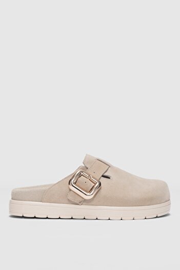 selinshoes Melby Genuine Leather Adjustable Buckle Detailed Women's Slippers - Beige Suede
