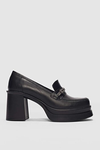selinshoes Frost Передня частина Аксесуари Деталі Натуральна шкіра Високий каблук Жіночі лофери - ЧОРНИЙ