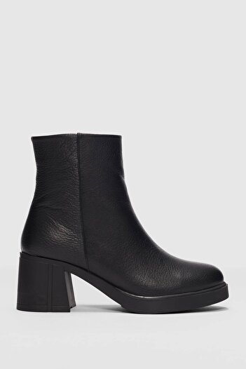 selinshoes Owena Genuine Leather Round Toe Zippered Thick Heeled Women's Shoes - Black