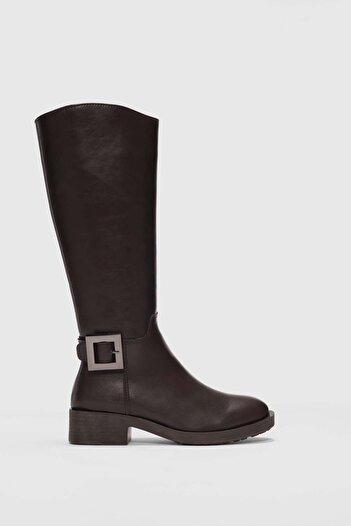 selinshoes Barny Yan Square Buckle Detailed Women's Boots-Brown