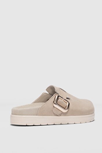 selinshoes Melby Genuine Leather Adjustable Buckle Detailed Women's Slippers - Beige Suede