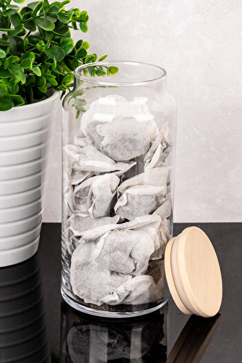 DNS HOME Wooden Vacuum-Lid Glass Jar 1300 ml Storage Container 22 x 10 cm