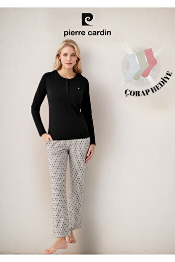 Pierre Cardin Women's Clothing Modal & Cotton Button Detail Long Sleeve 2-Piece Black Pajama Set Ol.Pc.9102.001