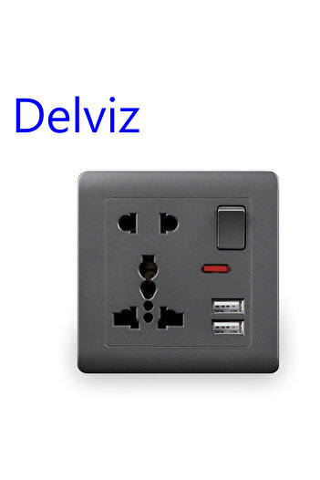 Choice1 منفذ USB قياسي من Delviz باللون الرمادي 110-250 فولت، منفذ شاحن USB مزدوج، مقبس كهربائي عالمي 13 أمبير