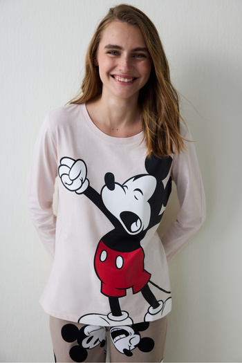 Penti Beige Mickey Mouse Printed Crew Neck Long Sleeve Pajama Set