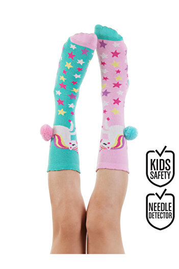 Denokids Unicorn Star Girl's Pink Green Knee Κάλτσες