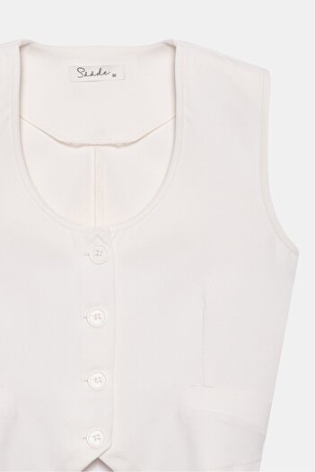 Saade Ecru Women's Pocket and Piping Detailed U-Neck Buttoned Woven Vest - Unlined