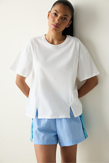 Penti White Crew Neck Stitching Detailed T-Shirt