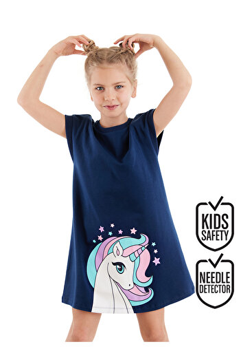 Denokids Mädchen Kleid Einhorn Mädchen Kinder Freizeitkleid Marineblau