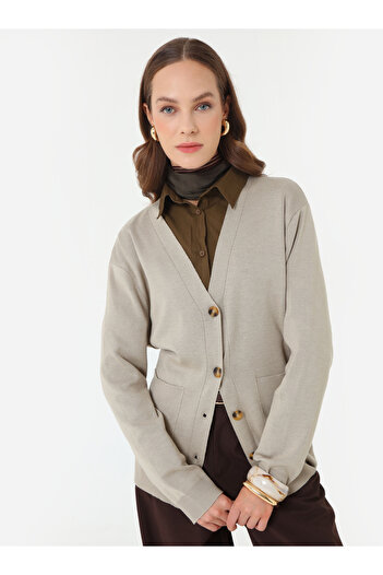 Refka Gold Button Detailed Premium Knitwear Cardigan - Mink -