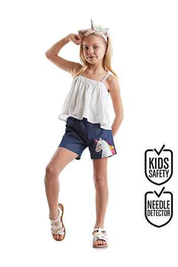 Denokids Sommerset für Mädchen mit Einhornmuster - Bunte Bluse mit Quasten und Jeansshorts