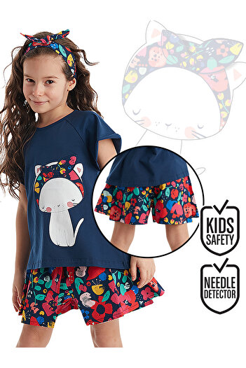 Denokids Κοριτσίστικο μπλε μπλουζάκι μπλουζάκι και Σετ σορτς Ποπλίνα - Floral γιακάς γάτας