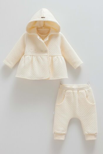 DIGERUI Love Hugs Collar Embroidered Hooded Three-Piece Top and Bottom Set Ecru
