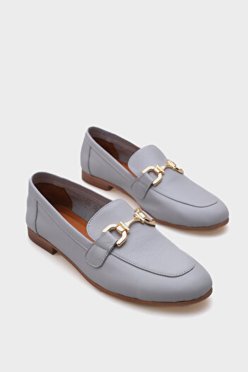 Capone Outfitters Women's Gray Genuine Leather Loafer with Gold Buckle