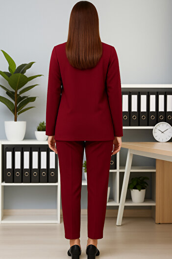 ŞIK VE MUTLU Burgundy Tie-Up Blazer Jacket Carrot Pants Two-Piece Set