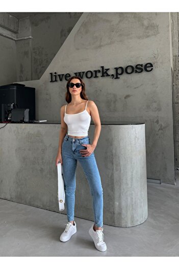 Laluvia Világoskék hómosás Lycra Mom Jean nadrág