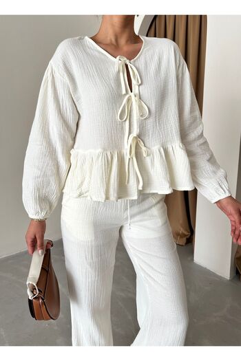 Laluvia White Frilly Shirt and Trousers Set - Front Tie Detail