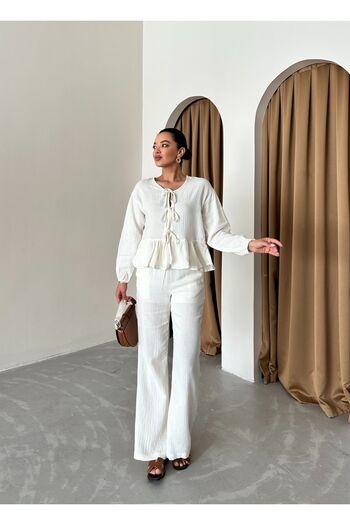 Laluvia White Frilly Shirt and Trousers Set - Front Tie Detail