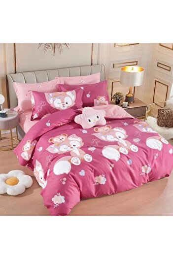 OEM Double Bed Linen Set, 6 Pieces, Fine Cotton, Fox Pattern, Pink