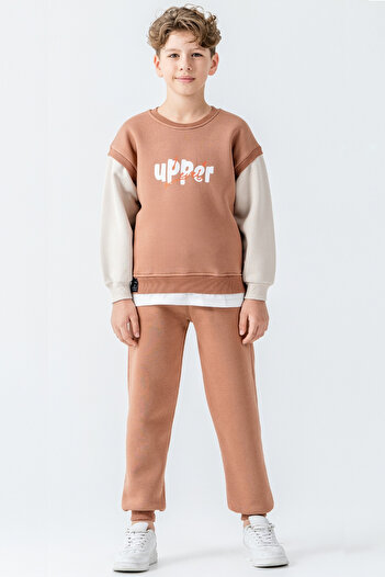 AHENGİM Boy's Upper Printed 3 Thread Thick Winter Tracksuit Set Ak4231