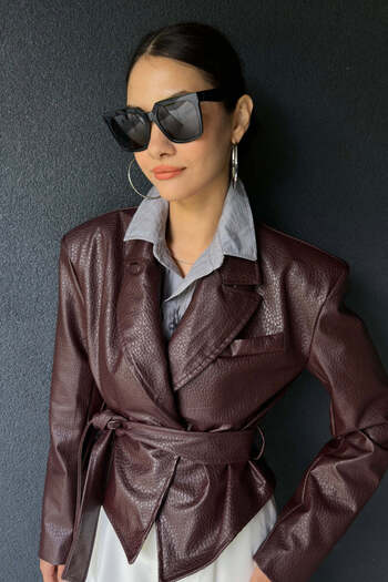 FABB Burgundy Faux Leather Jacket with Waist Tie