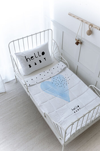 Tuğba Kuğu Organic Printed Baby (100X150) Quilt Set - Pure Baby Series - Blue Romantic Heart