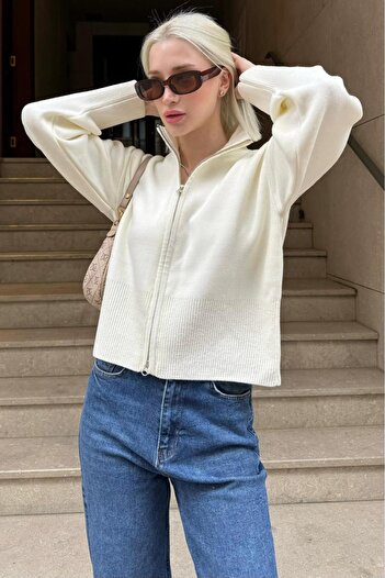 Madmext Ecru Double Zipper Stand Collar Women's Knitwear Cardigan Mg2505
